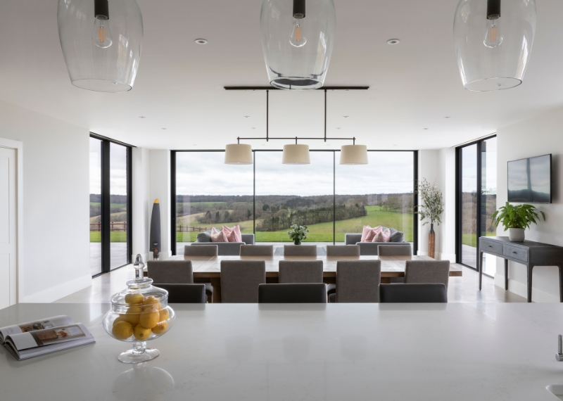 Contemporary open-plan living room at Hawk House, a new build in Russell's Water, Oxfordshire — interior design by Anna Moss